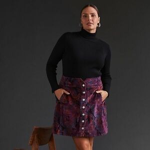 Anthropologie Pilcro Size 12 Corduroy Button Front Mini Skirt Floral Pink Purple